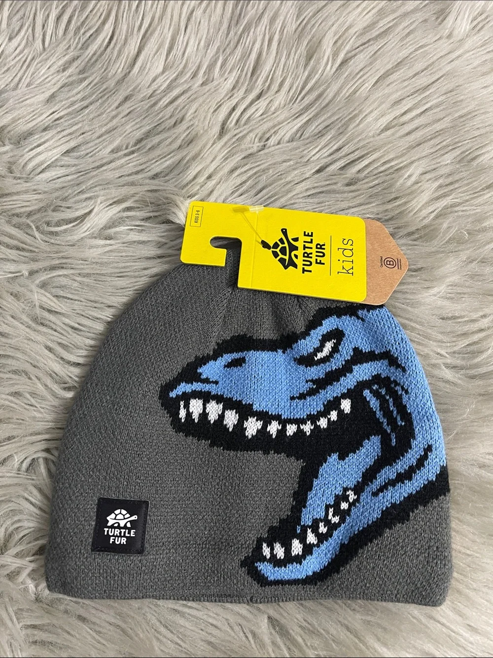 Turtle Fur Kids Gray & Blue Dinosaur Knit Beanie